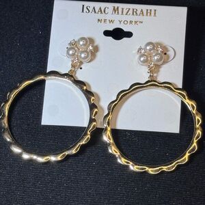 ISAAC MIZRAHI Gold Faux Pearl Crystal Circle Drop Earrings NWT 2.5"